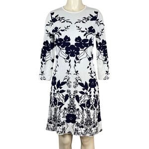 Antonio Melani Floral Crop Sleeve Knit Dress White Navy Blue Size Medium